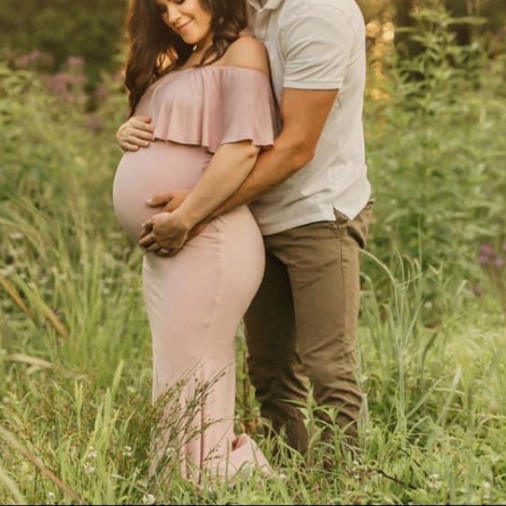 Blush off the shoulder maternity dress